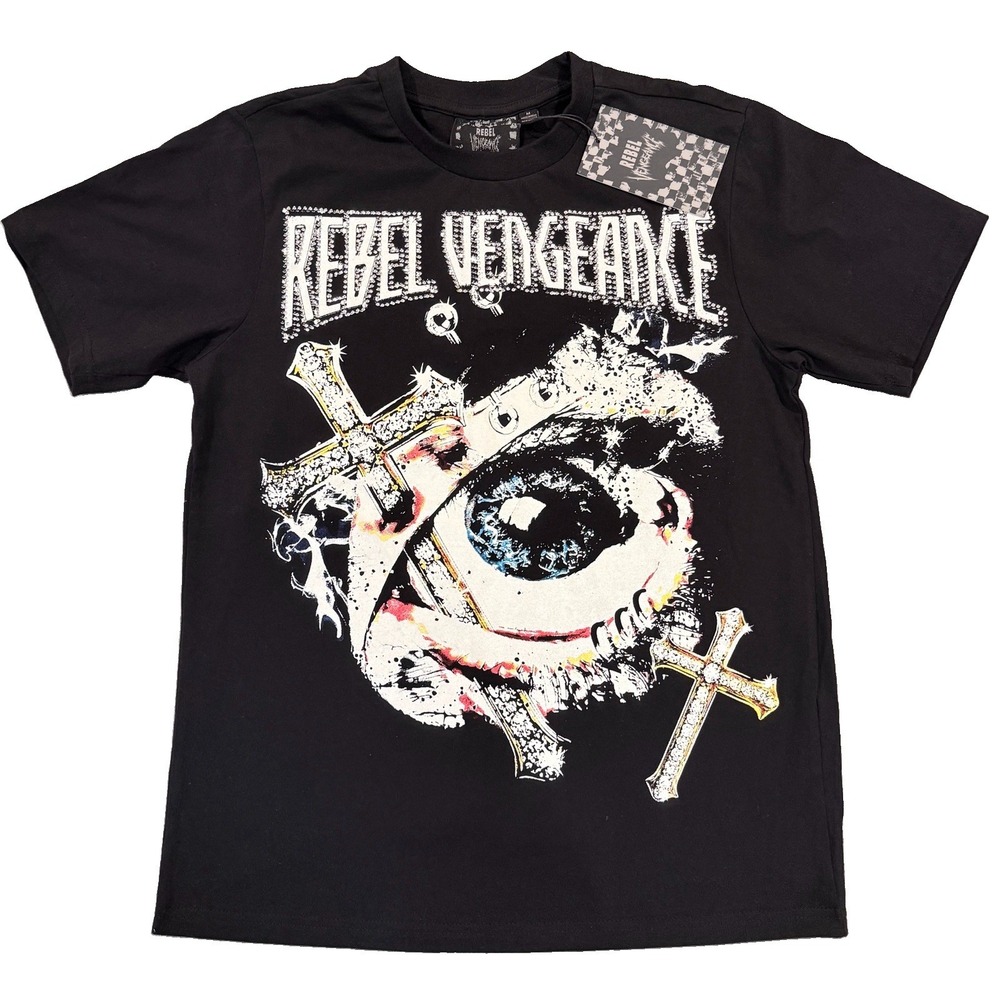 Rebel Vengeance T Shirt Mens M Black Rhinestone Cross Graphic Tee Y2K Gothic NWT